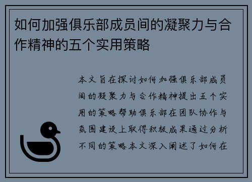 如何加强俱乐部成员间的凝聚力与合作精神的五个实用策略