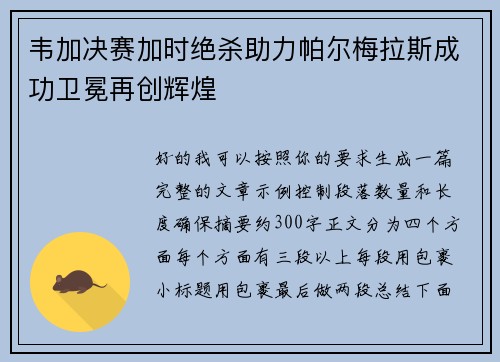韦加决赛加时绝杀助力帕尔梅拉斯成功卫冕再创辉煌