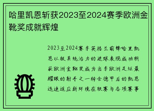 哈里凯恩斩获2023至2024赛季欧洲金靴奖成就辉煌